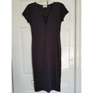 Embrace Los Angeles Midi Rib Knit Dress Mock Front Lacing Short Sleeves Gray SzL
